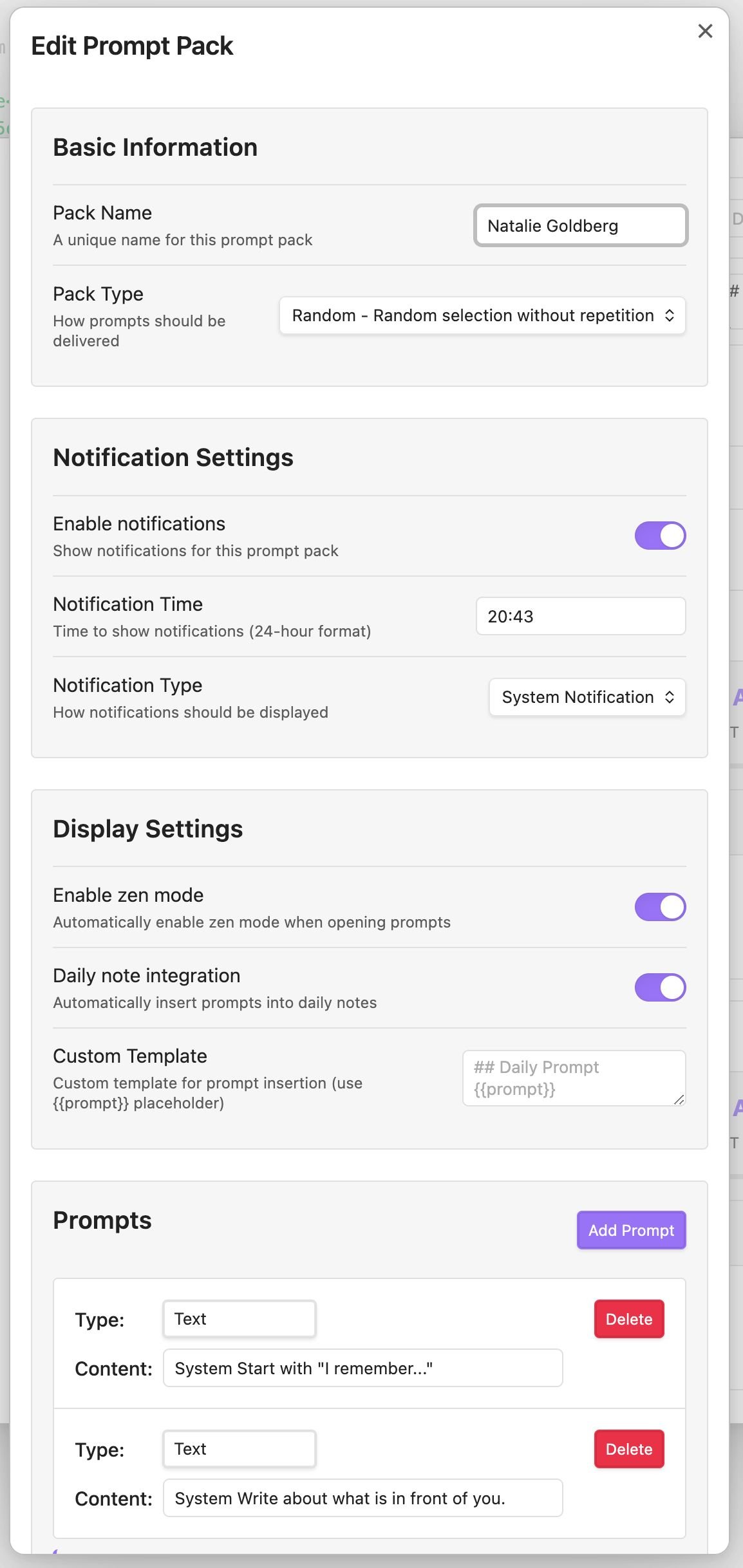Obsidian Daily Prompt Edit Prompts