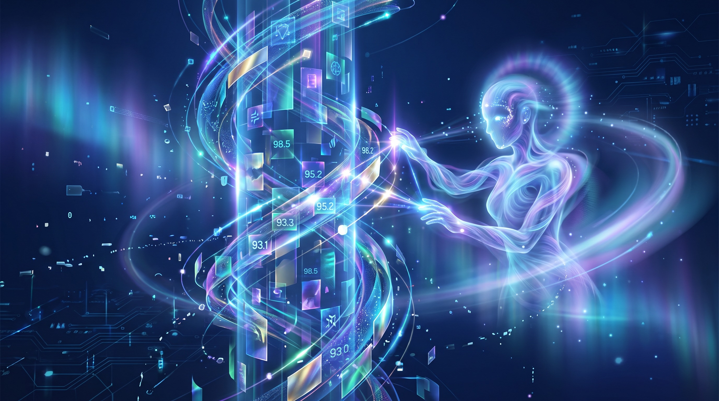 A spectral AI figure reaching toward a floating column of model score cards